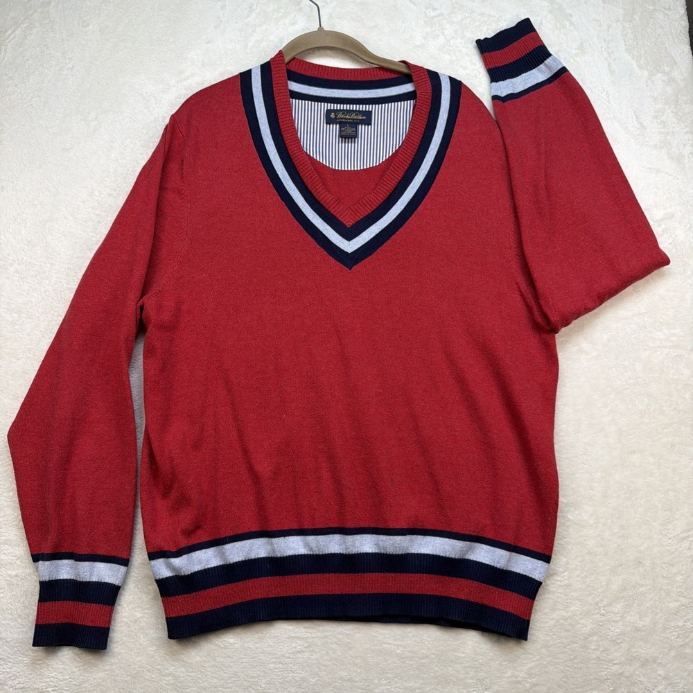 Brooks Brothers V Neck Sweater Mens Large Red Preppy Ivy Cricket Stripe